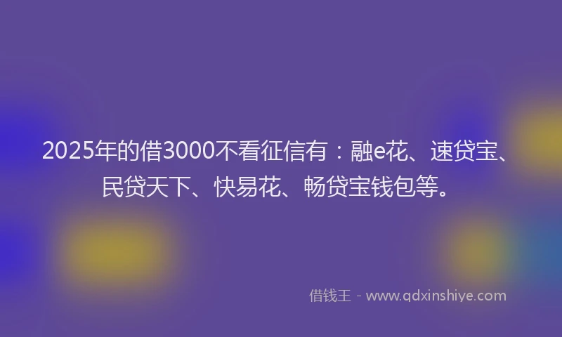 2025年的借3000不看征信有：融e花、速贷宝、民贷天下、快易花、畅贷宝钱包等。