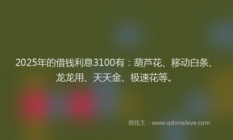 2025年的借钱利息3100有：葫芦花、移动白条、龙龙用、天天金、极速花等。