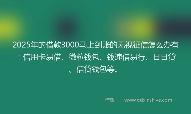 2025年的借款3000马上到账的无视征信怎么办有：信用卡易借、微粒钱包、钱速借易行、日日贷、信贷钱包等。