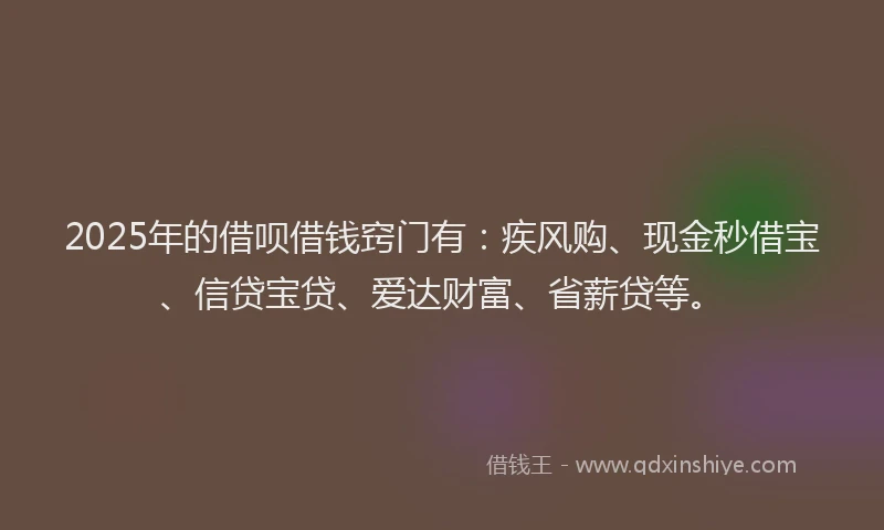 2025年的借呗借钱窍门有：疾风购、现金秒借宝、信贷宝贷、爱达财富、省薪贷等。