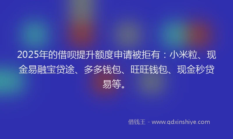 2025年的借呗提升额度申请被拒有：小米粒、现金易融宝贷途、多多钱包、旺旺钱包、现金秒贷易等。