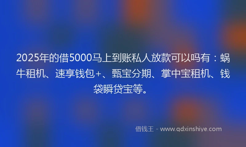 2025年的借5000马上到账私人放款可以吗有：蜗牛租机、速享钱包+、甄宝分期、掌中宝租机、钱袋瞬贷宝等。