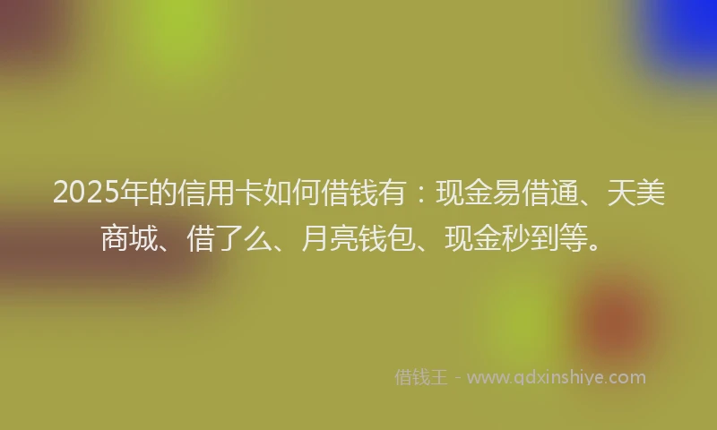 2025年的信用卡如何借钱有：现金易借通、天美商城、借了么、月亮钱包、现金秒到等。