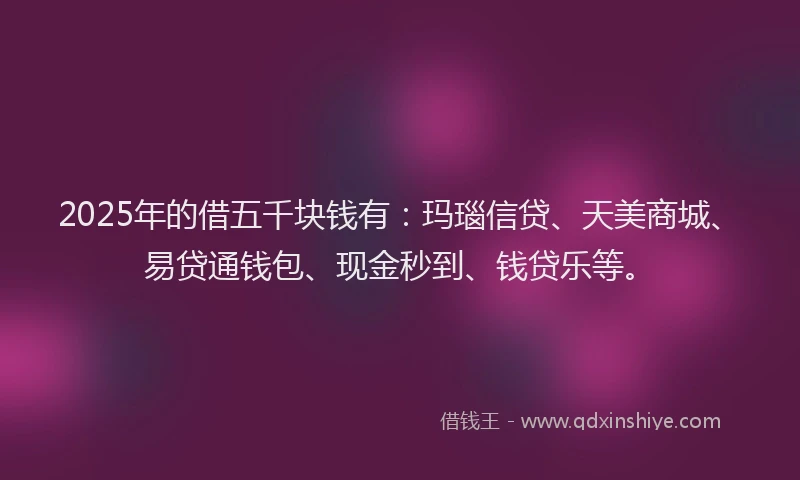 2025年的借五千块钱有：玛瑙信贷、天美商城、易贷通钱包、现金秒到、钱贷乐等。
