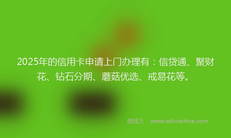 2025年的信用卡申请上门办理有：信贷通、聚财花、钻石分期、蘑菇优选、戒易花等。