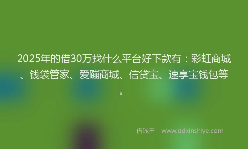 2025年的借30万找什么平台好下款有：彩虹商城、钱袋管家、爱蹦商城、信贷宝、速享宝钱包等。