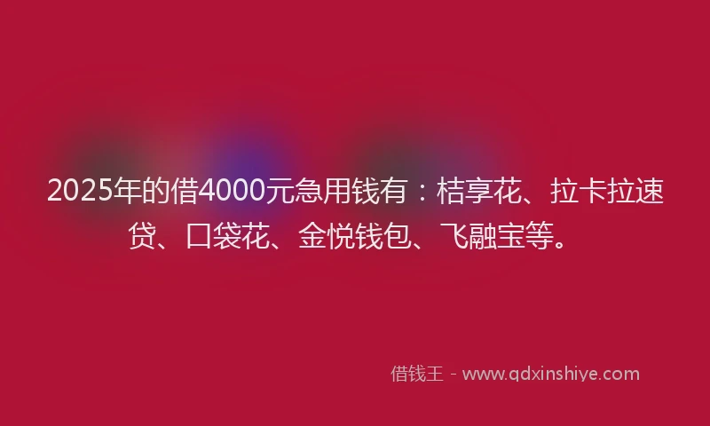 2025年的借4000元急用钱有：桔享花、拉卡拉速贷、口袋花、金悦钱包、飞融宝等。