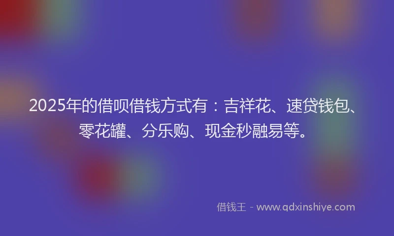 2025年的借呗借钱方式有：吉祥花、速贷钱包、零花罐、分乐购、现金秒融易等。