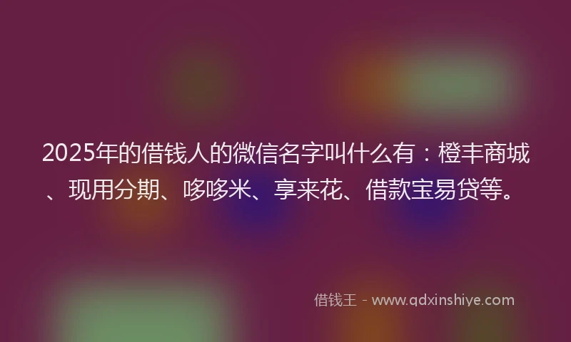 2025年的借钱人的微信名字叫什么有:橙丰商城、现用分期、哆哆米、享来花、借款宝易贷等。