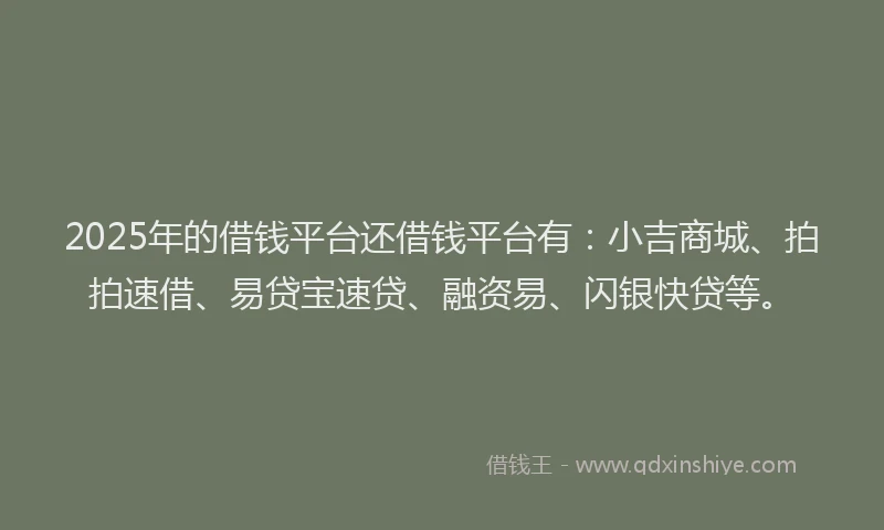 2025年的借钱平台还借钱平台有：小吉商城、拍拍速借、易贷宝速贷、融资易、闪银快贷等。