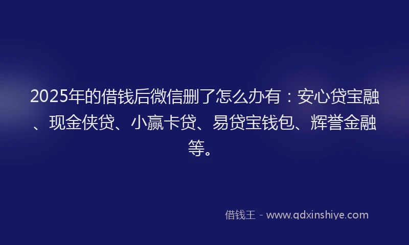 2025年的借钱后微信删了怎么办有：安心贷宝融、现金侠贷、小赢卡贷、易贷宝钱包、辉誉金融等。