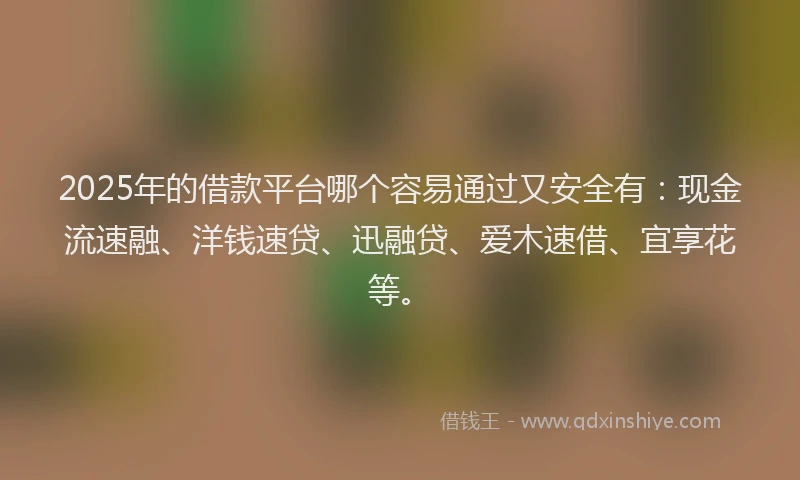 2025年的借款平台哪个容易通过又安全有：现金流速融、洋钱速贷、迅融贷、爱木速借、宜享花等。