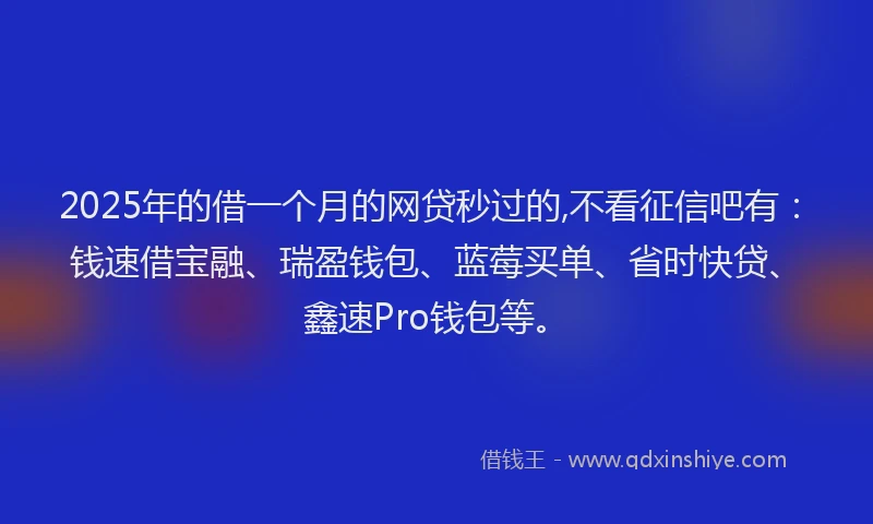 2025年的借一个月的网贷秒过的,不看征信吧有：钱速借宝融、瑞盈钱包、蓝莓买单、省时快贷、鑫速Pro钱包等。
