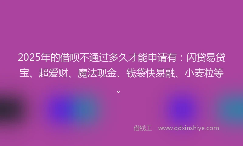 2025年的借呗不通过多久才能申请有：闪贷易贷宝、超爱财、魔法现金、钱袋快易融、小麦粒等。