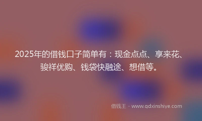 2025年的借钱口子简单有：现金点点、享来花、骏祥优购、钱袋快融途、想借等。