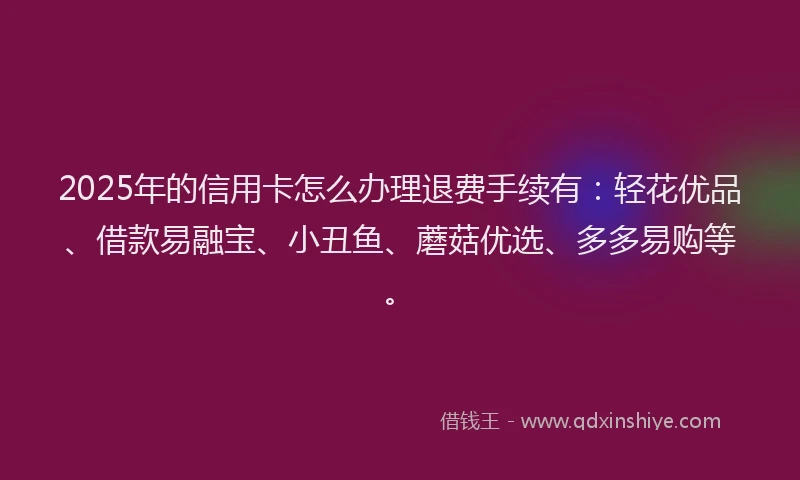 2025年的信用卡怎么办理退费手续有：轻花优品、借款易融宝、小丑鱼、蘑菇优选、多多易购等。