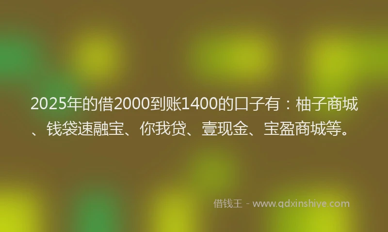 2025年的借2000到账1400的口子有：柚子商城、钱袋速融宝、你我贷、壹现金、宝盈商城等。