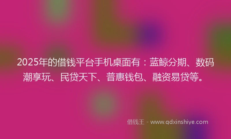 2025年的借钱平台手机桌面有：蓝鲸分期、数码潮享玩、民贷天下、普惠钱包、融资易贷等。