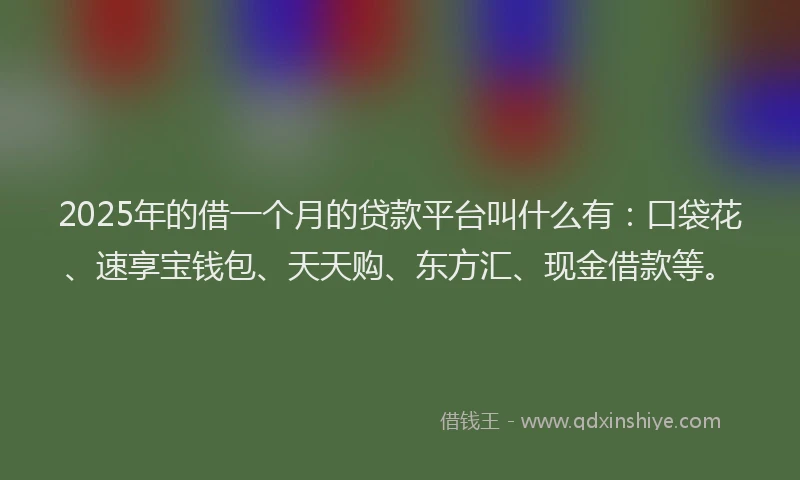 2025年的借一个月的贷款平台叫什么有：口袋花、速享宝钱包、天天购、东方汇、现金借款等。