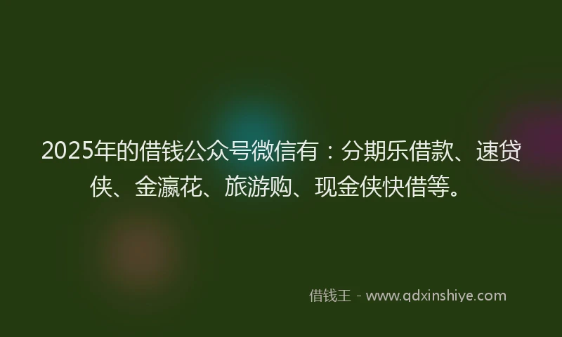 2025年的借钱公众号微信有：分期乐借款、速贷侠、金瀛花、旅游购、现金侠快借等。