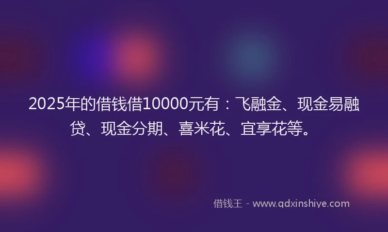 2025年的借钱借10000元有：飞融金、现金易融贷、现金分期、喜米花、宜享花等。