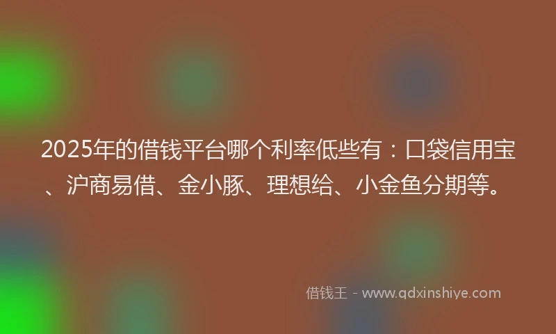 2025年的借钱平台哪个利率低些有：口袋信用宝、沪商易借、金小豚、理想给、小金鱼分期等。
