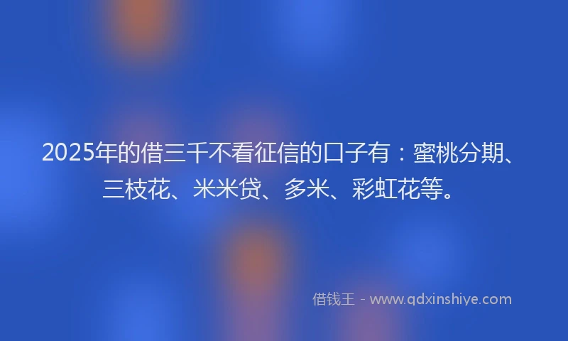 2025年的借三千不看征信的口子有：蜜桃分期、三枝花、米米贷、多米、彩虹花等。