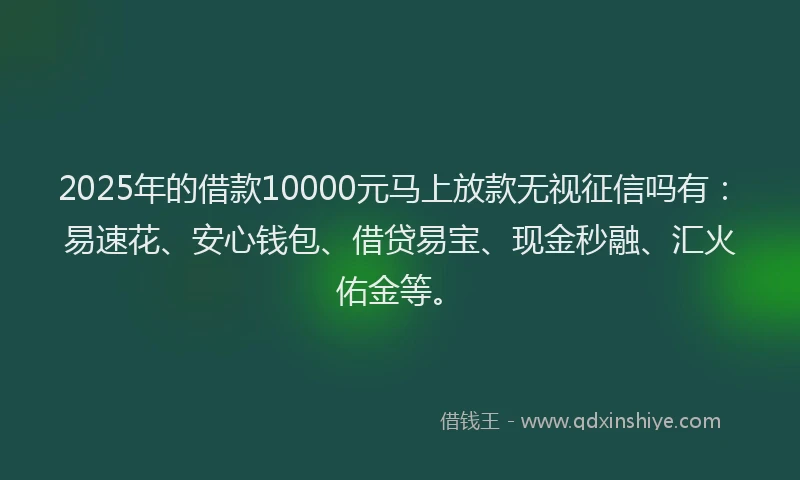 2025年的借款10000元马上放款无视征信吗有：易速花、安心钱包、借贷易宝、现金秒融、汇火佑金等。