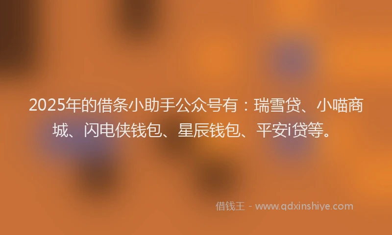 2025年的借条小助手公众号有：瑞雪贷、小喵商城、闪电侠钱包、星辰钱包、平安i贷等。