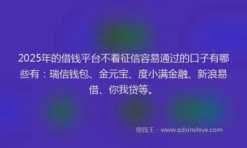 2025年的借钱平台不看征信容易通过的口子有哪些有：瑞信钱包、金元宝、度小满金融、新浪易借、你我贷等。