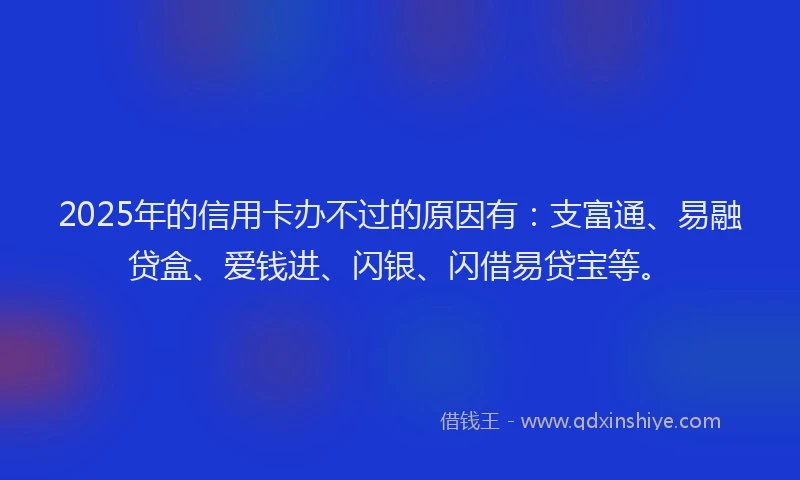 2025年的信用卡办不过的原因有：支富通、易融贷盒、爱钱进、闪银、闪借易贷宝等。