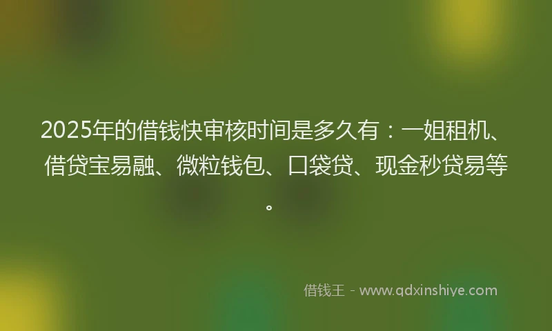 2025年的借钱快审核时间是多久有：一姐租机、借贷宝易融、微粒钱包、口袋贷、现金秒贷易等。