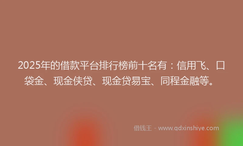2025年的借款平台排行榜前十名有：信用飞、口袋金、现金侠贷、现金贷易宝、同程金融等。