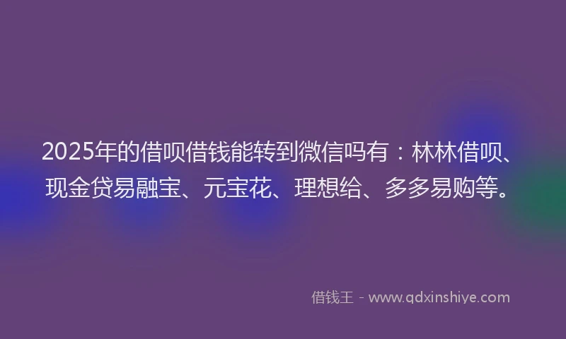 2025年的借呗借钱能转到微信吗有：林林借呗、现金贷易融宝、元宝花、理想给、多多易购等。
