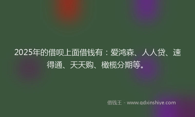 2025年的借呗上面借钱有：爱鸿森、人人贷、速得通、天天购、橄榄分期等。
