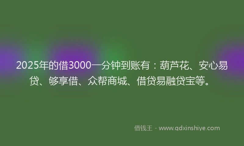 2025年的借3000一分钟到账有：葫芦花、安心易贷、够享借、众帮商城、借贷易融贷宝等。