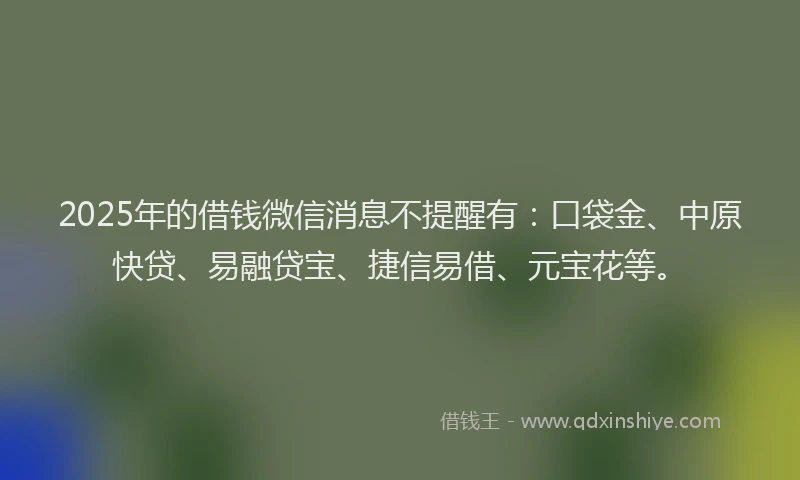 2025年的借钱微信消息不提醒有：口袋金、中原快贷、易融贷宝、捷信易借、元宝花等。
