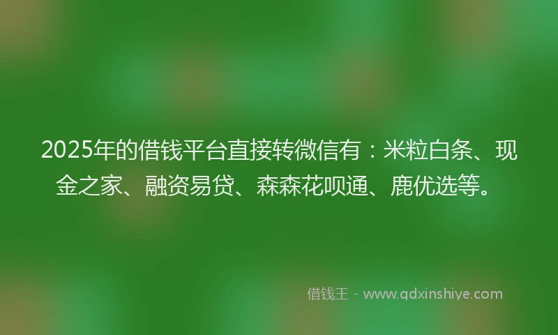2025年的借钱平台直接转微信有：米粒白条、现金之家、融资易贷、森森花呗通、鹿优选等。