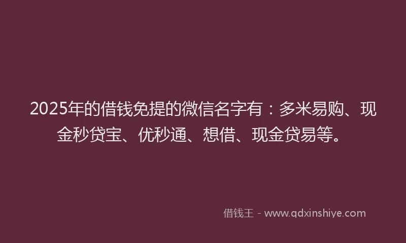 2025年的借钱免提的微信名字有：多米易购、现金秒贷宝、优秒通、想借、现金贷易等。