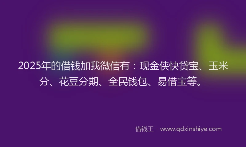 2025年的借钱加我微信有：现金侠快贷宝、玉米分、花豆分期、全民钱包、易借宝等。