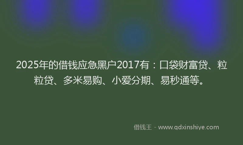 2025年的借钱应急黑户2017有：口袋财富贷、粒粒贷、多米易购、小爱分期、易秒通等。