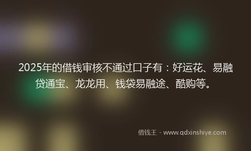 2025年的借钱审核不通过口子有：好运花、易融贷通宝、龙龙用、钱袋易融途、酷购等。