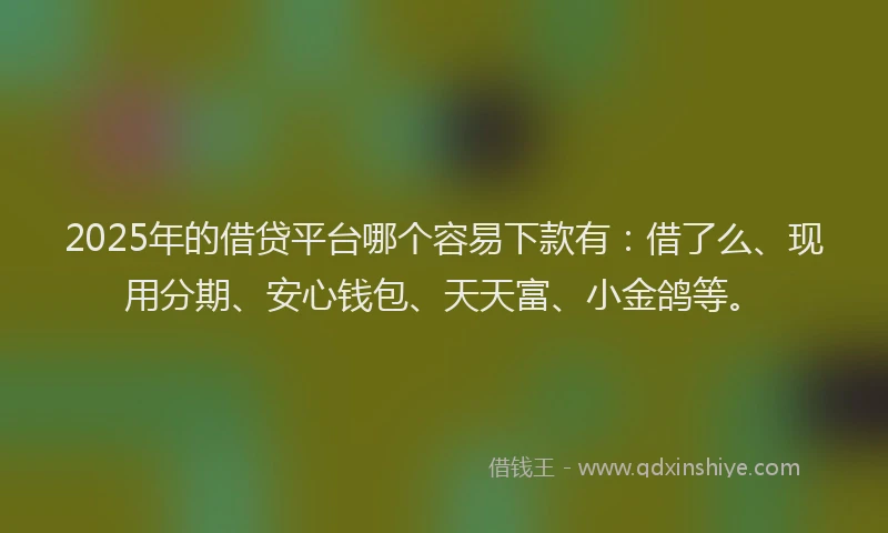 2025年的借贷平台哪个容易下款有：借了么、现用分期、安心钱包、天天富、小金鸽等。