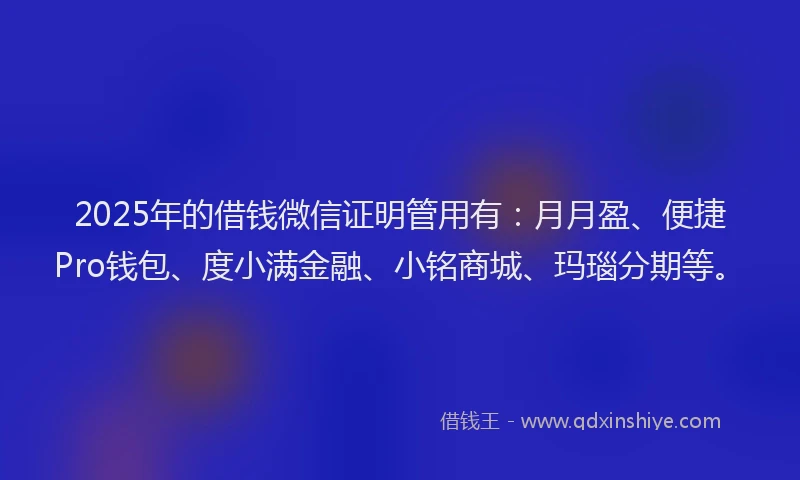 2025年的借钱微信证明管用有：月月盈、便捷Pro钱包、度小满金融、小铭商城、玛瑙分期等。