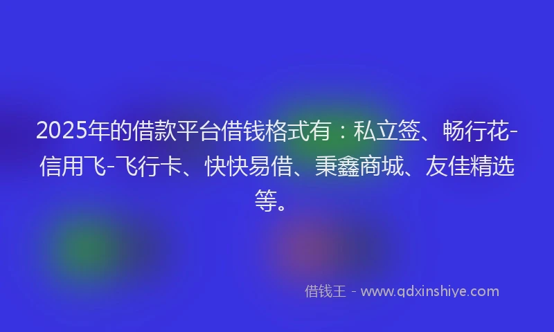 2025年的借款平台借钱格式有：私立签、畅行花-信用飞-飞行卡、快快易借、秉鑫商城、友佳精选等。