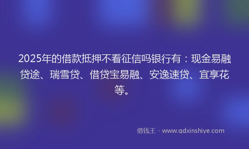 2025年的借款抵押不看征信吗银行有：现金易融贷途、瑞雪贷、借贷宝易融、安逸速贷、宜享花等。