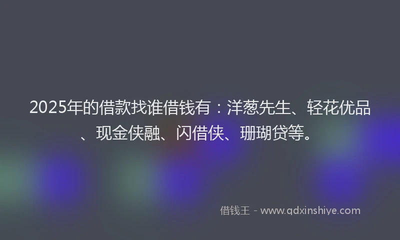 2025年的借款找谁借钱有：洋葱先生、轻花优品、现金侠融、闪借侠、珊瑚贷等。