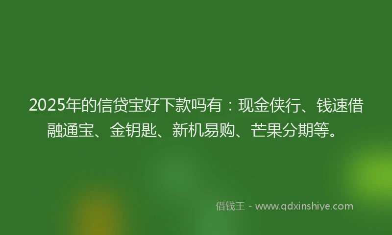 2025年的信贷宝好下款吗有：现金侠行、钱速借融通宝、金钥匙、新机易购、芒果分期等。