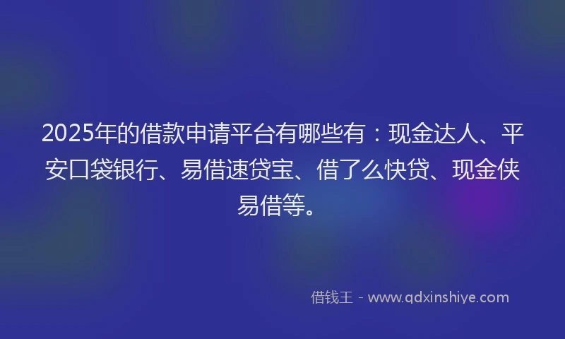 2025年的借款申请平台有哪些有：现金达人、平安口袋银行、易借速贷宝、借了么快贷、现金侠易借等。