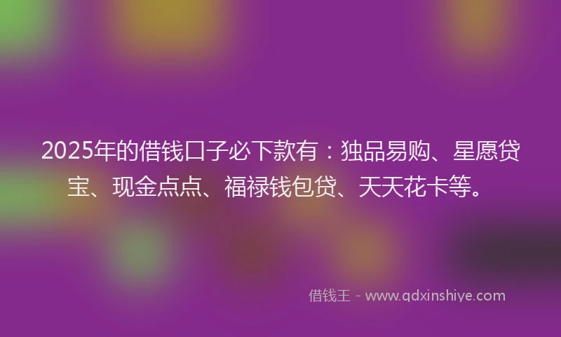 2025年的借钱口子必下款有：独品易购、星愿贷宝、现金点点、福禄钱包贷、天天花卡等。